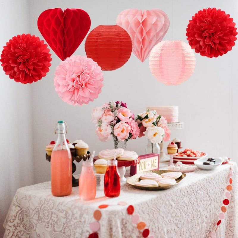 Mprocherify Red Pink Valentines Day Paper Flowers Hearts Honeycomb Lanterns Tissue Pom Poms 15pcs Galentines Party Decorations Anniversary Love Birthday Wedding Baby Shower Hanging Supplies - Image 2